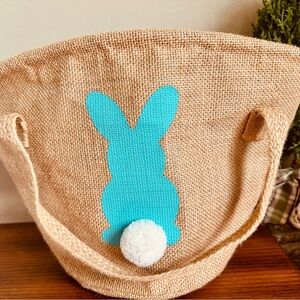 Burlap Easter Basket Bunny Tote with Pom Pom Tail - 9" Teal Blue Egg Hunt Bag